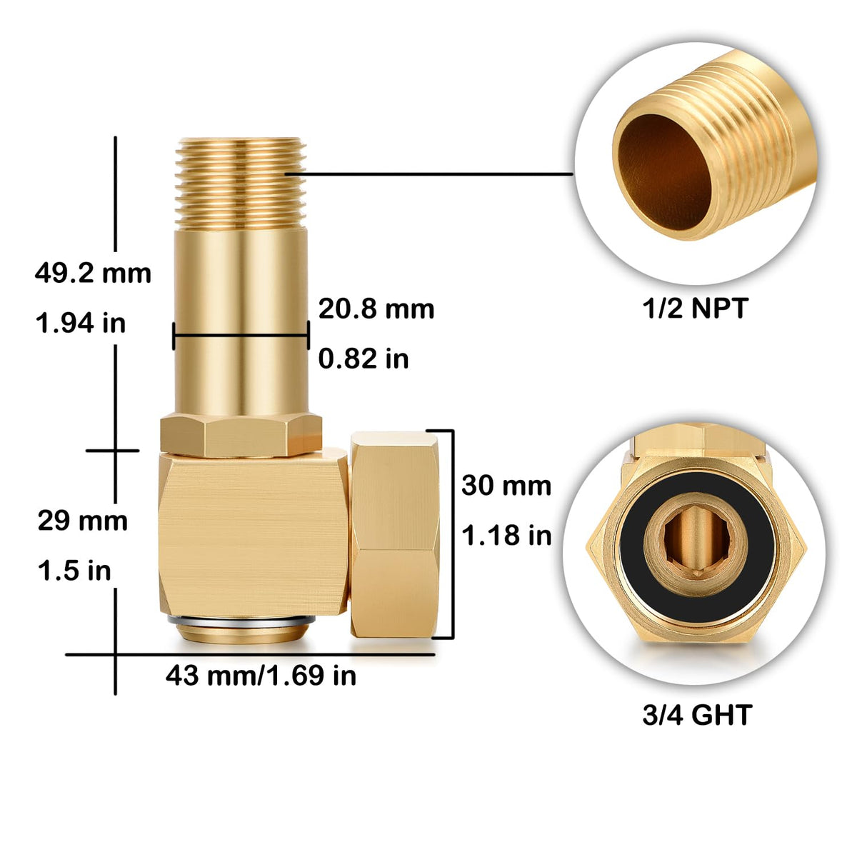 YELUN brass adapter 3-4 GHT to 1-2 NPT for secure connections.