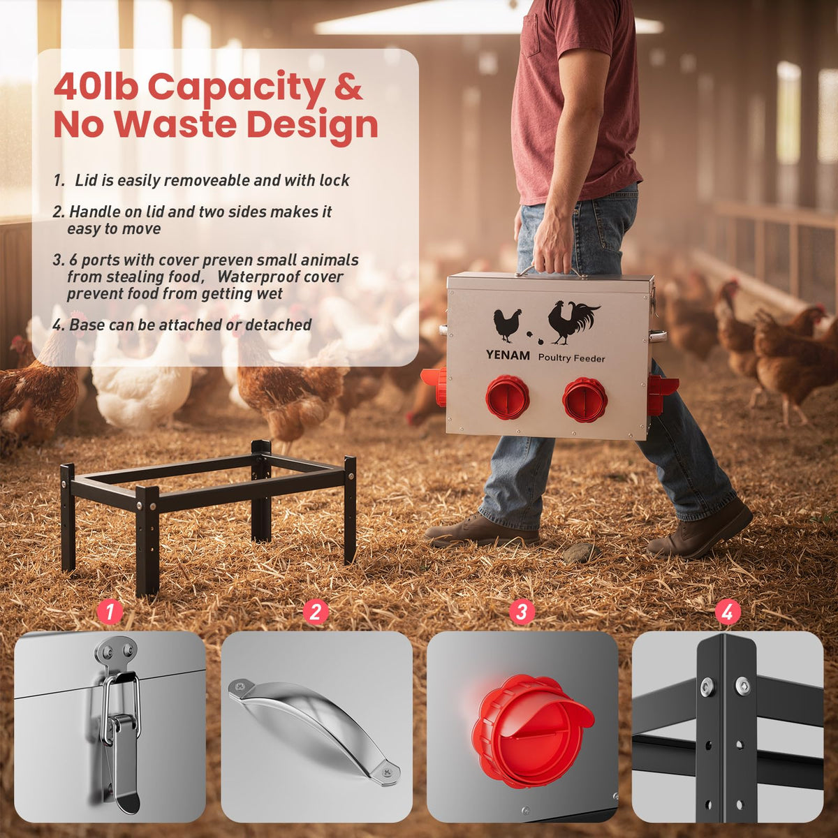 YENAM rat-proof metal construction prevents feed loss from rodents.