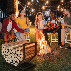 YENGOTH firewood rack adjustable feet stabilize on uneven surfaces for balance.