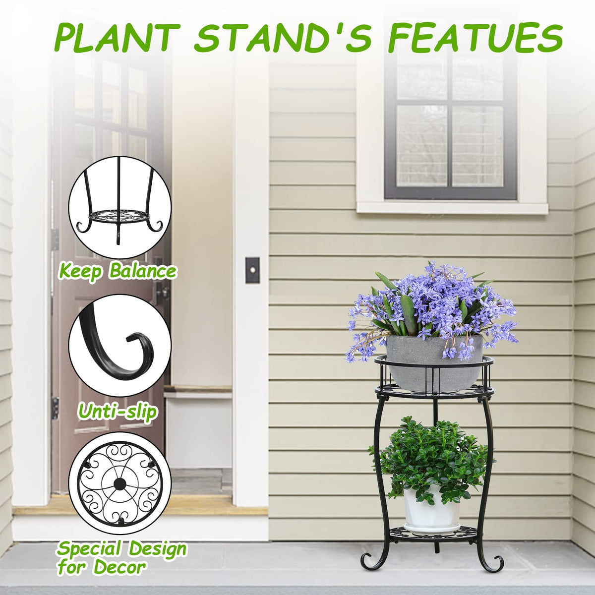YENGOTH potted plant stand side view highlighting two shelves.
