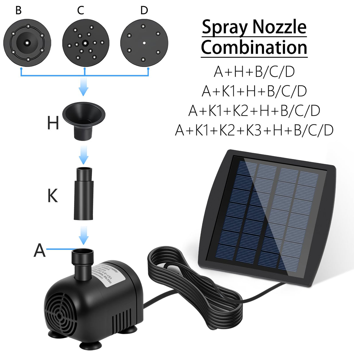 Yeomi fountain pump with three nozzles creates varied sprays.