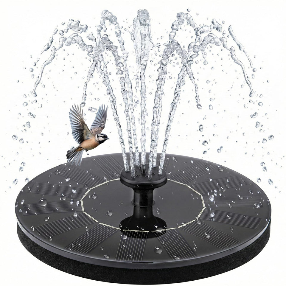 Yeomi Solar Fountain floats on water, creating a gentle garden fountain for birds.