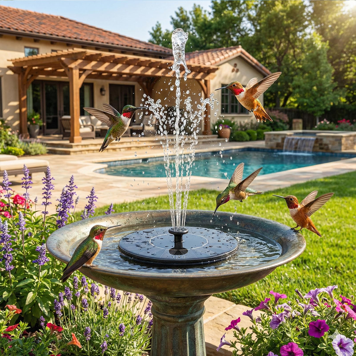 Yeomi Solar Fountain activates in bright sun for stronger water flow.