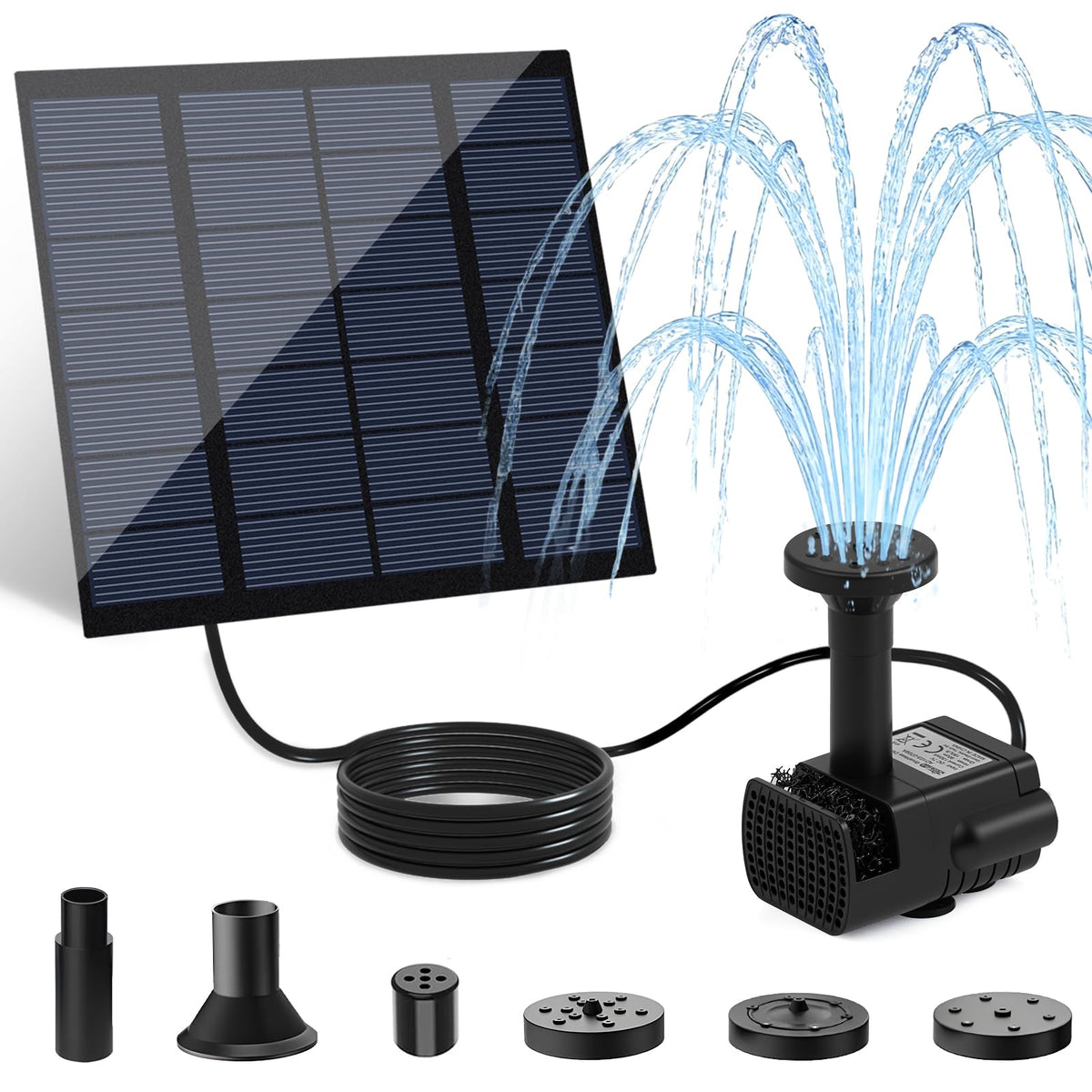 Yeomi solar pump with panel and cable in sunlight for easy outdoor fountain setup