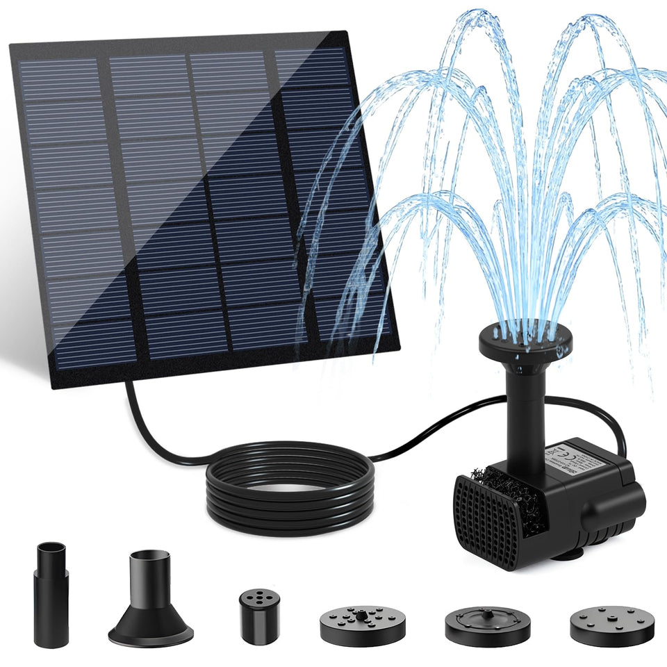 Yeomi solar pump with panel and cable in sunlight for easy outdoor fountain setup