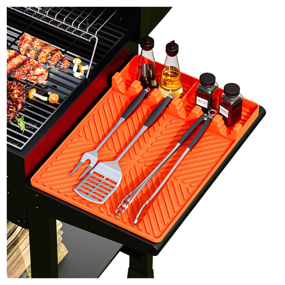 YESCOO silicone griddle mat on a Blackstone grill, non-stick protection.