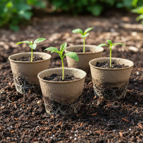 Gardener moves seedlings from peat pots to soil with minimal disturbance.