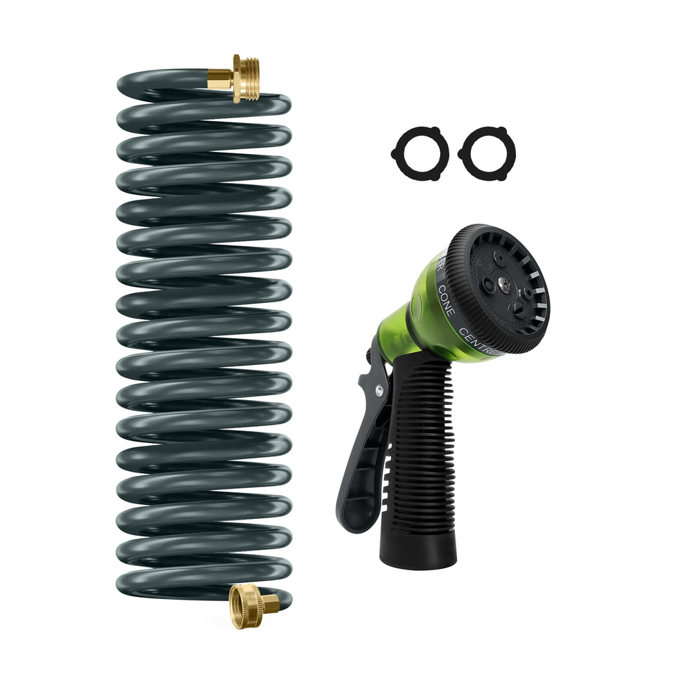 YESTAR coil hose 15ft rolled for easy storage and space saving.