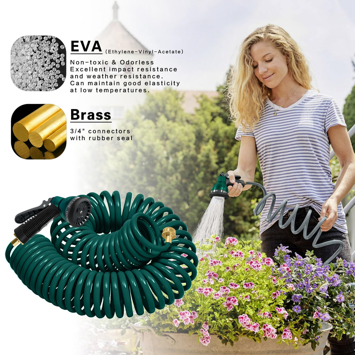 YESTAR coil hose with 3/4-brass-connector ensures durable outdoor connections.