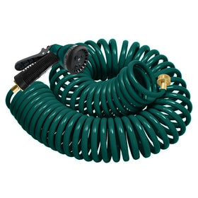 YESTAR coil hose 50ft extended view shows tangle-free watering for yards and gardens.