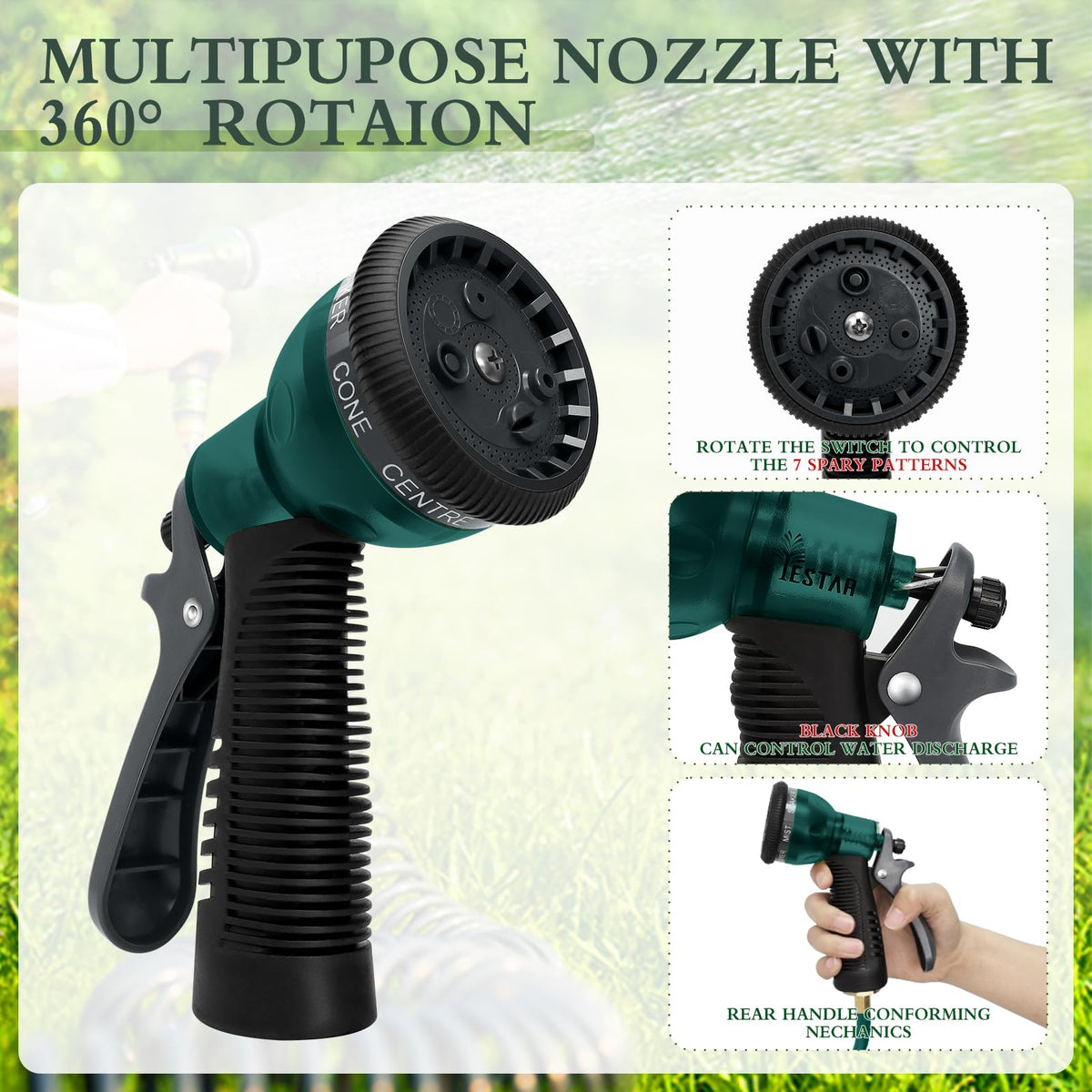 YESTAR 7-pattern nozzle ready for versatile watering options.
