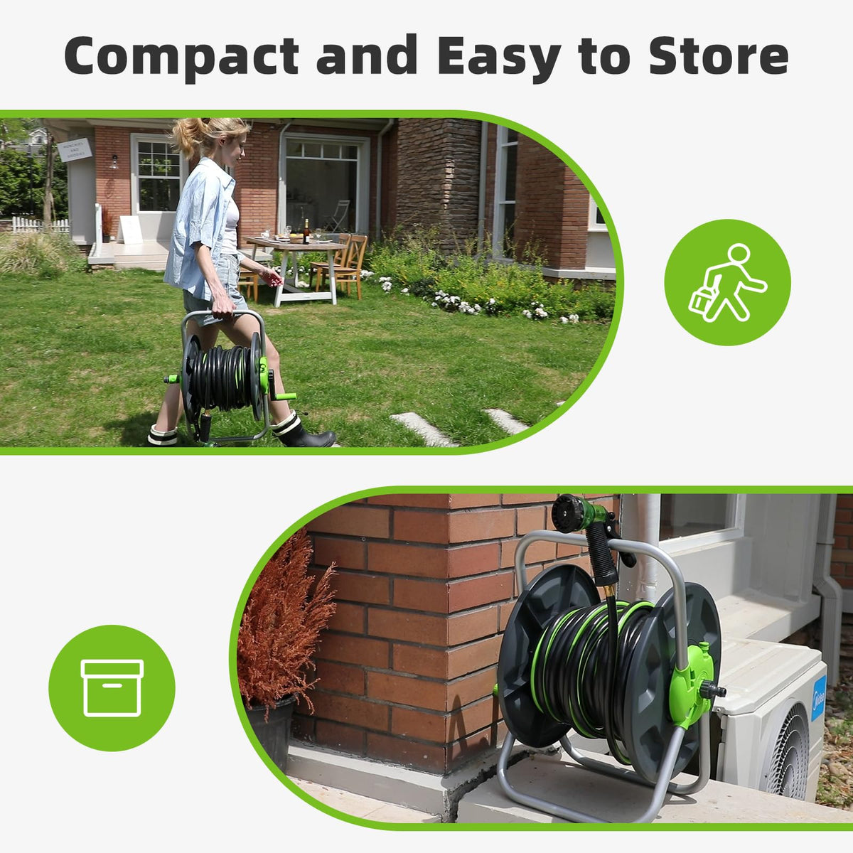 YESTAR easy-install hose reel with guide and video support.
