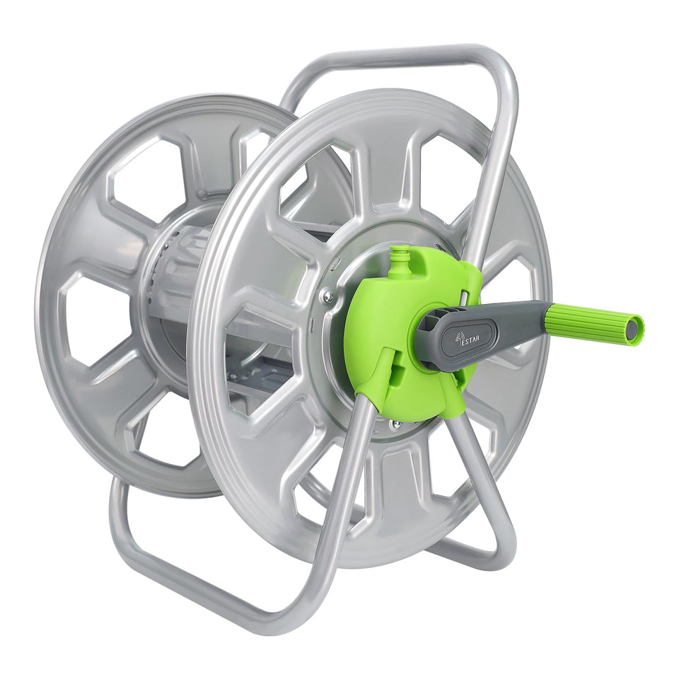 YESTAR metal hose reel cart with aluminium frame for easy outdoor watering.