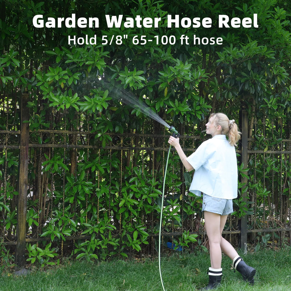 YESTAR portable hose reel cart shown easy to move between beds and chores.