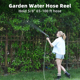 YESTAR portable hose reel cart shown easy to move between beds and chores.