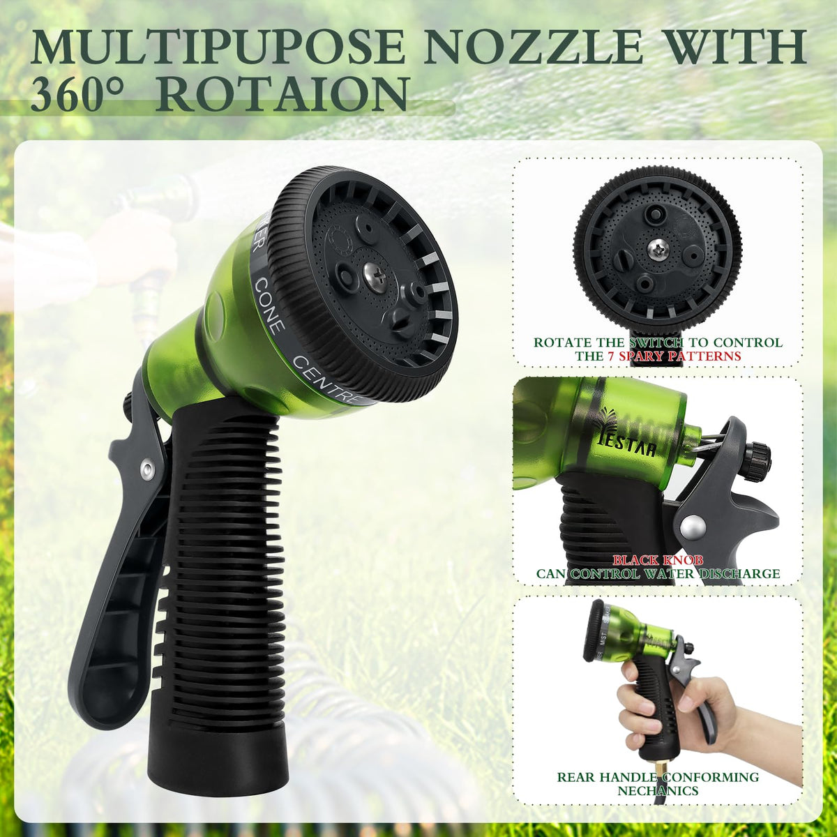 YESTAR spray nozzle showing seven patterns for versatile tasks