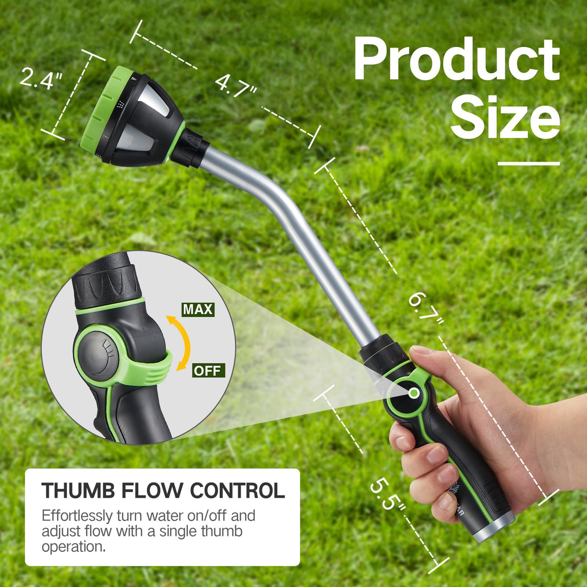 YESTAR watering wand displaying eight spray patterns for versatile tasks.