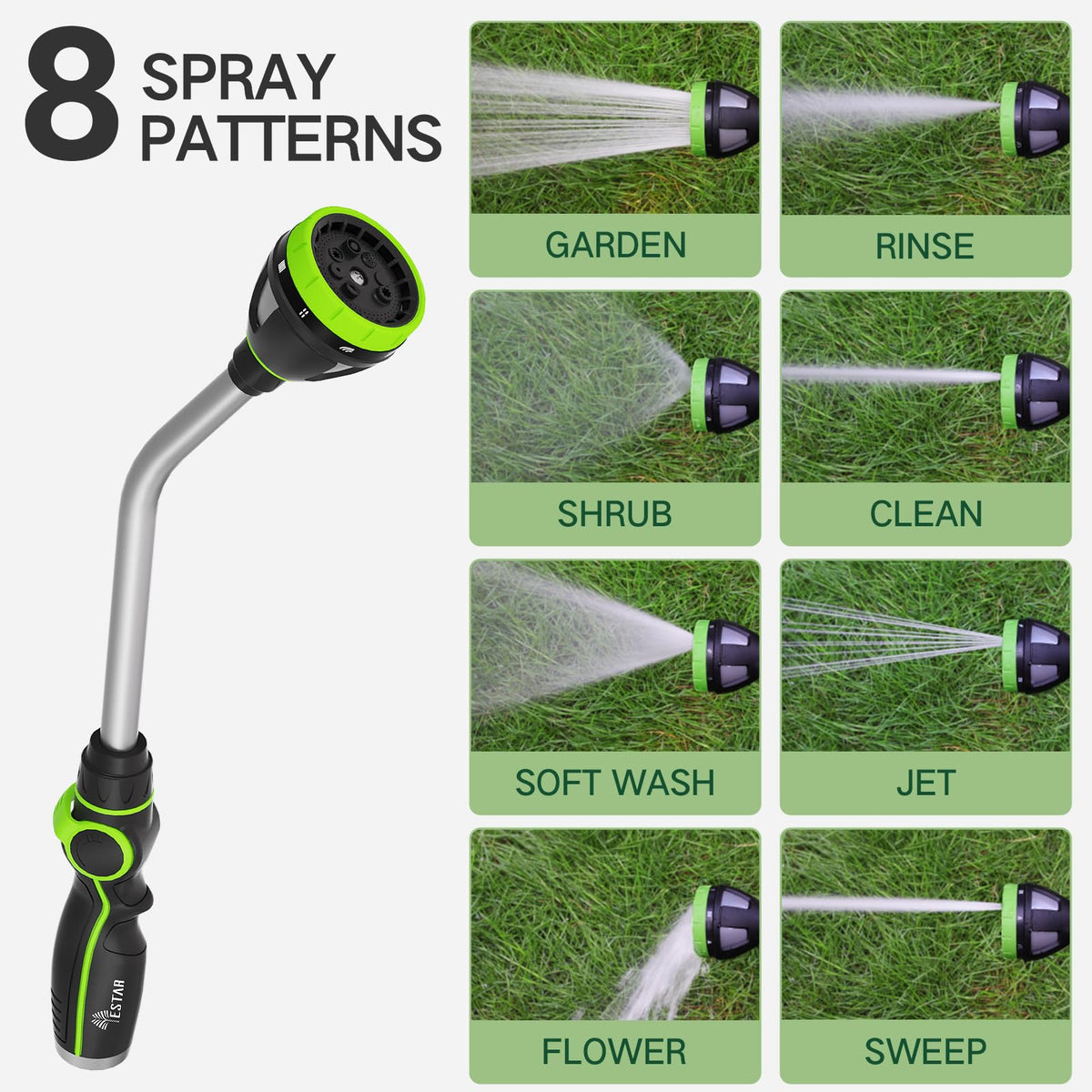YESTAR watering wand showing thumb flow control for easy one-handed watering.