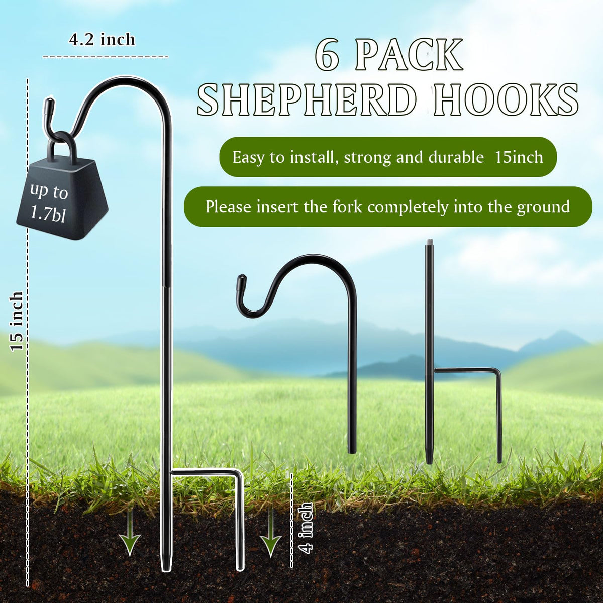 Yetene outdoor hook with ground base supports lanterns and wind chimes.