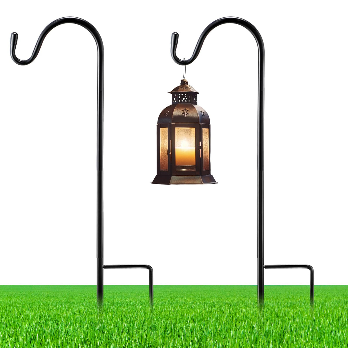 Yetene shepherds hook with 15-inch ground base supports lightweight garden decor.