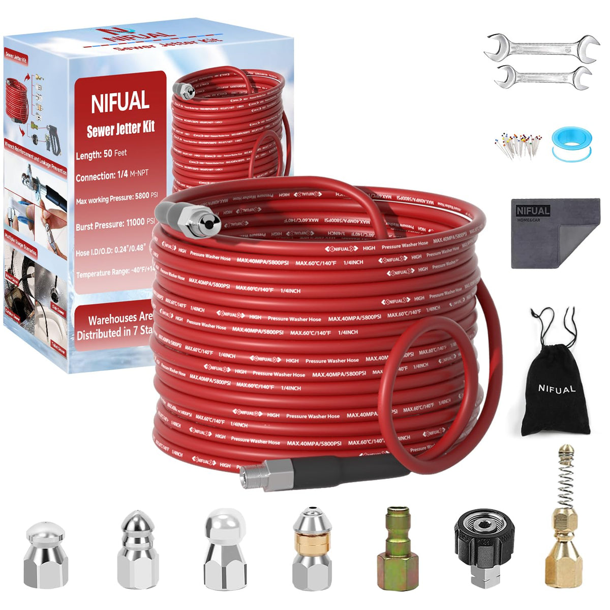 YETIANICAL NIFUAL sewer jetter kit packaging showcases a sturdy, gift-ready box.