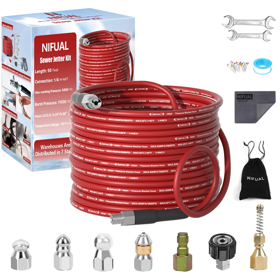 YETIANICAL NIFUAL sewer jetter kit packaging showcases a sturdy, gift-ready box.