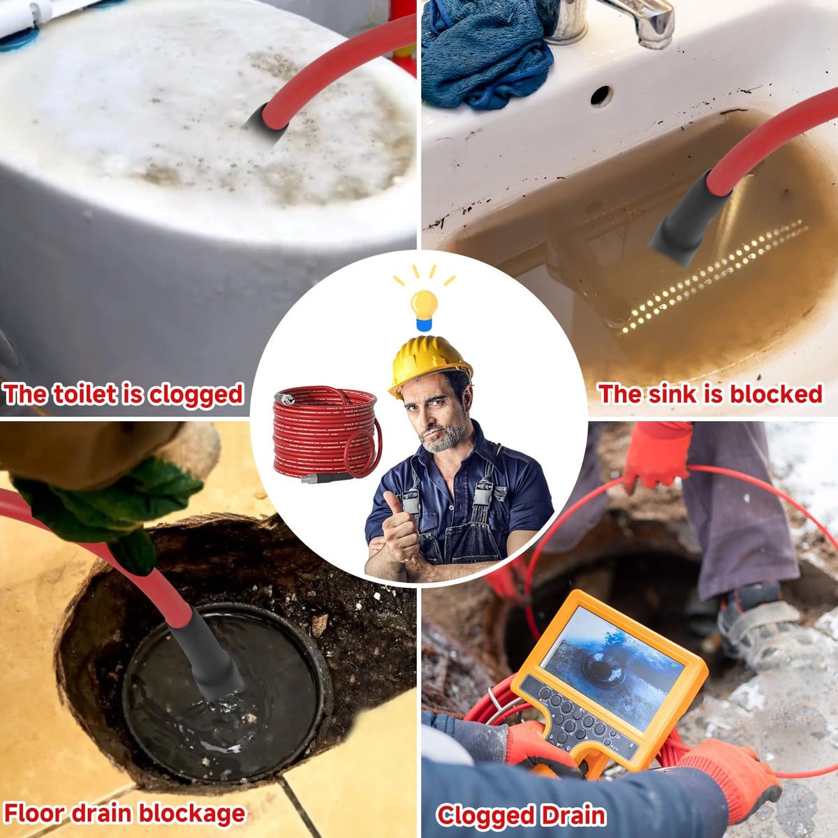 Pointed nozzle unclogs tight corners with focused jets.