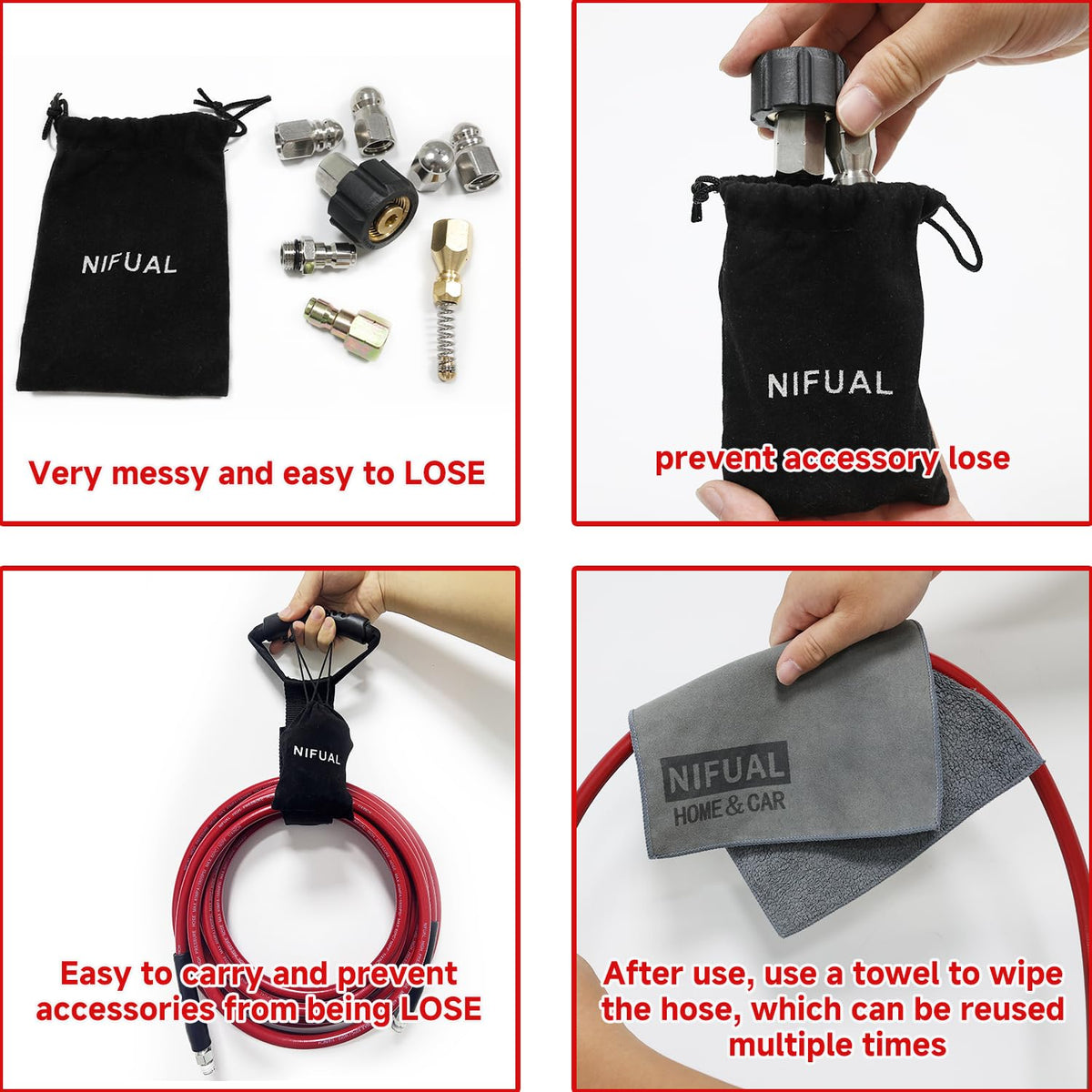 Spanners and pearl pins support maintenance and nozzle upkeep.