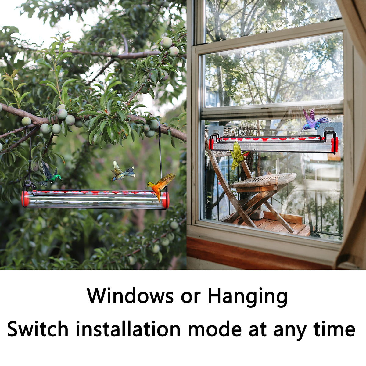 Yewacne hummingbird feeder shown with stand and perch for perching drinking.