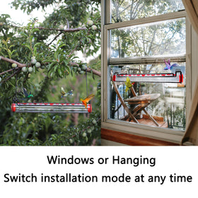 Yewacne hummingbird feeder shown with stand and perch for perching drinking.