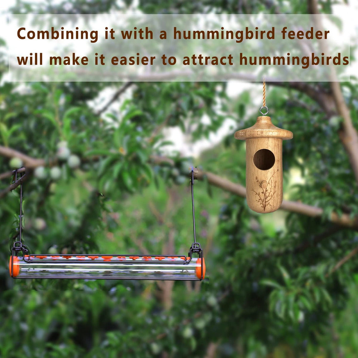 Yewacne hummingbird house adds garden charm while supporting birds in view.