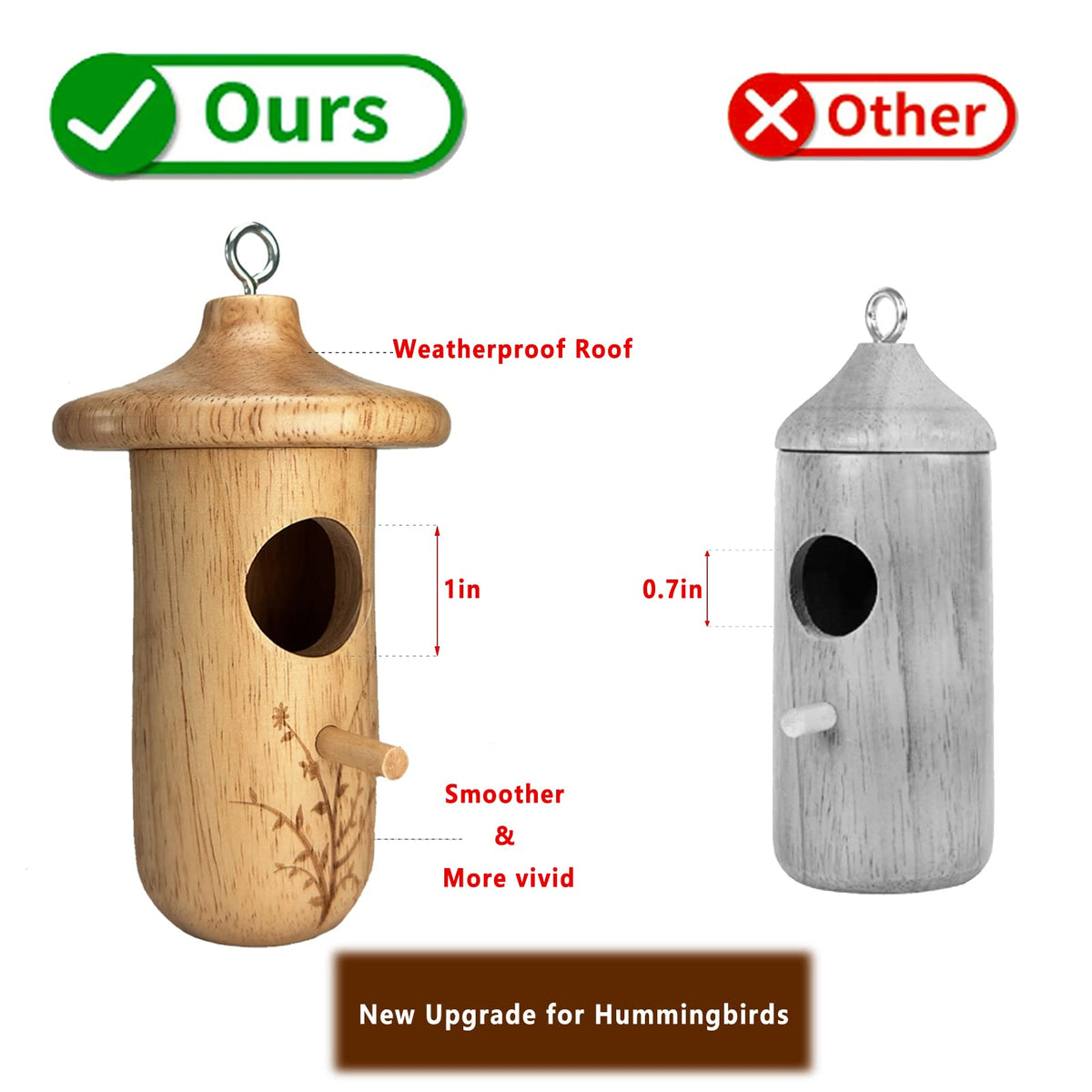 Yewacne hummingbird house features a drain hole to keep interiors dry.