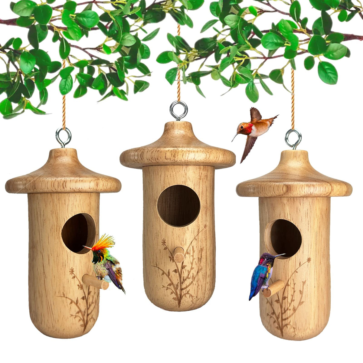Yewacne hummingbird house in natural wood for outdoor nesting and garden decor.