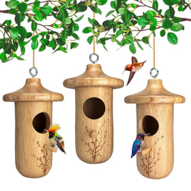 Yewacne hummingbird house in natural wood for outdoor nesting and garden decor.
