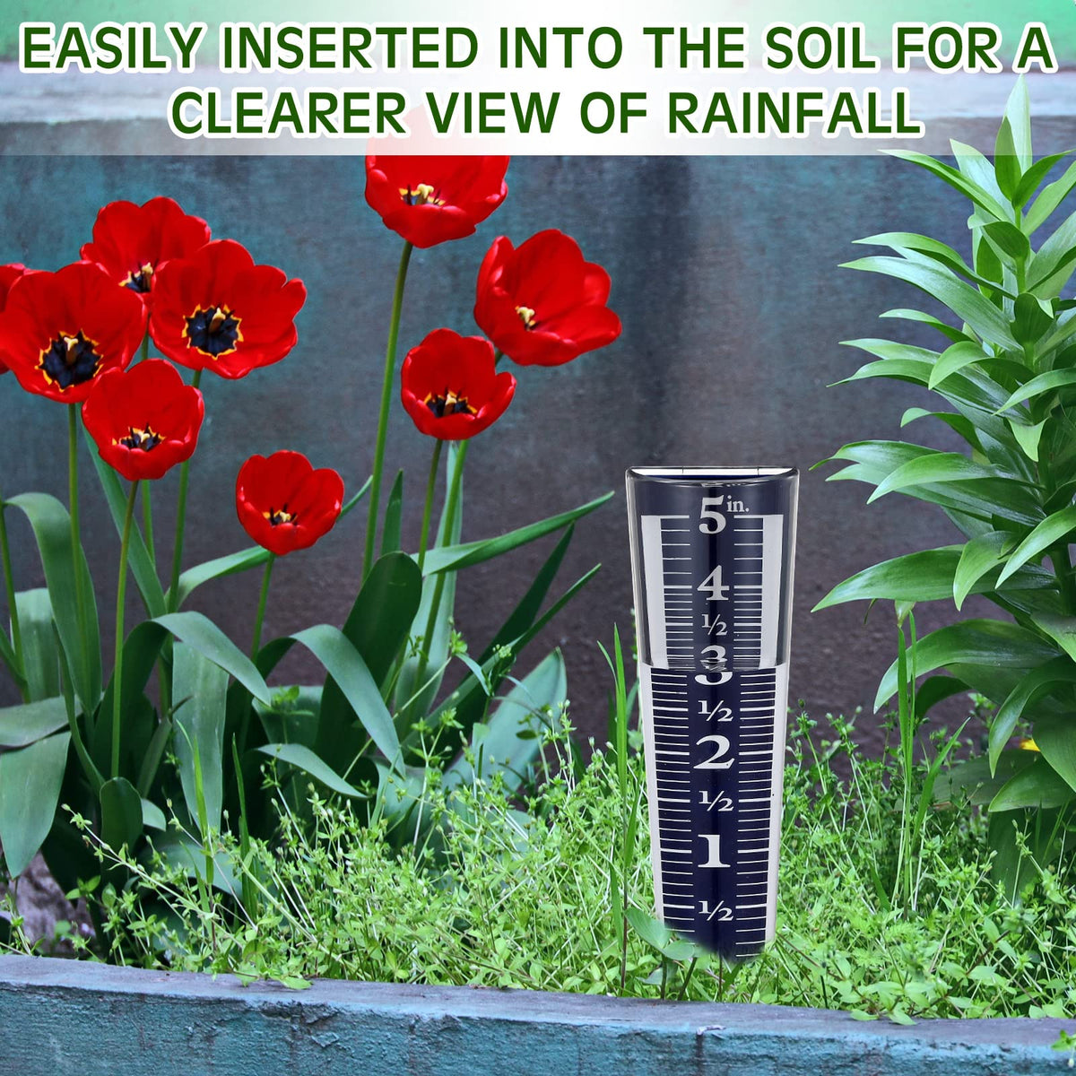 Yexiya blue rain gauge installed in ground for outdoor use.