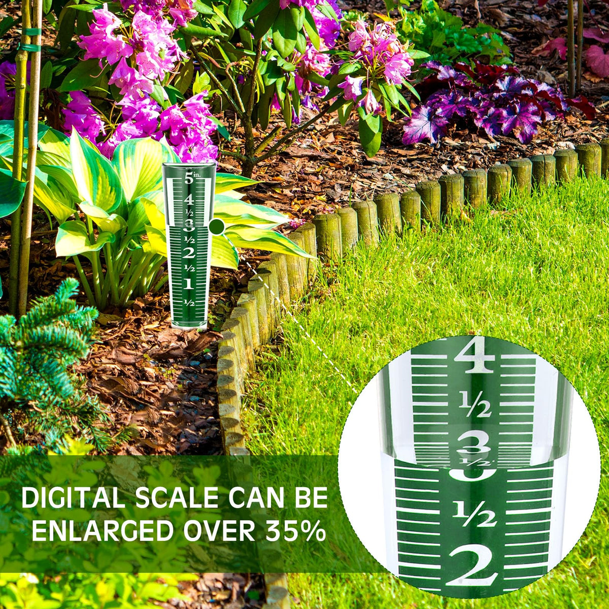 Yexiya green rain gauge showing 5-inch measurement range