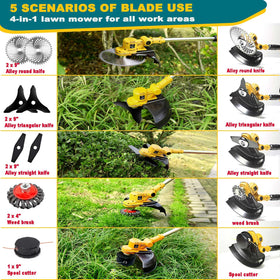 Five blade options support grass, weeds, shrubs, moss and rust removal.
