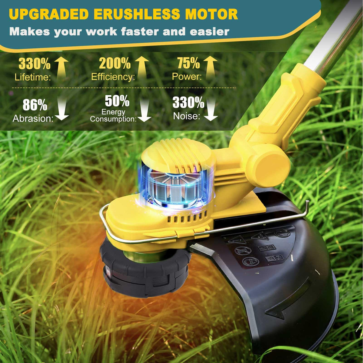 Brushless motor delivers high power with efficient energy use.