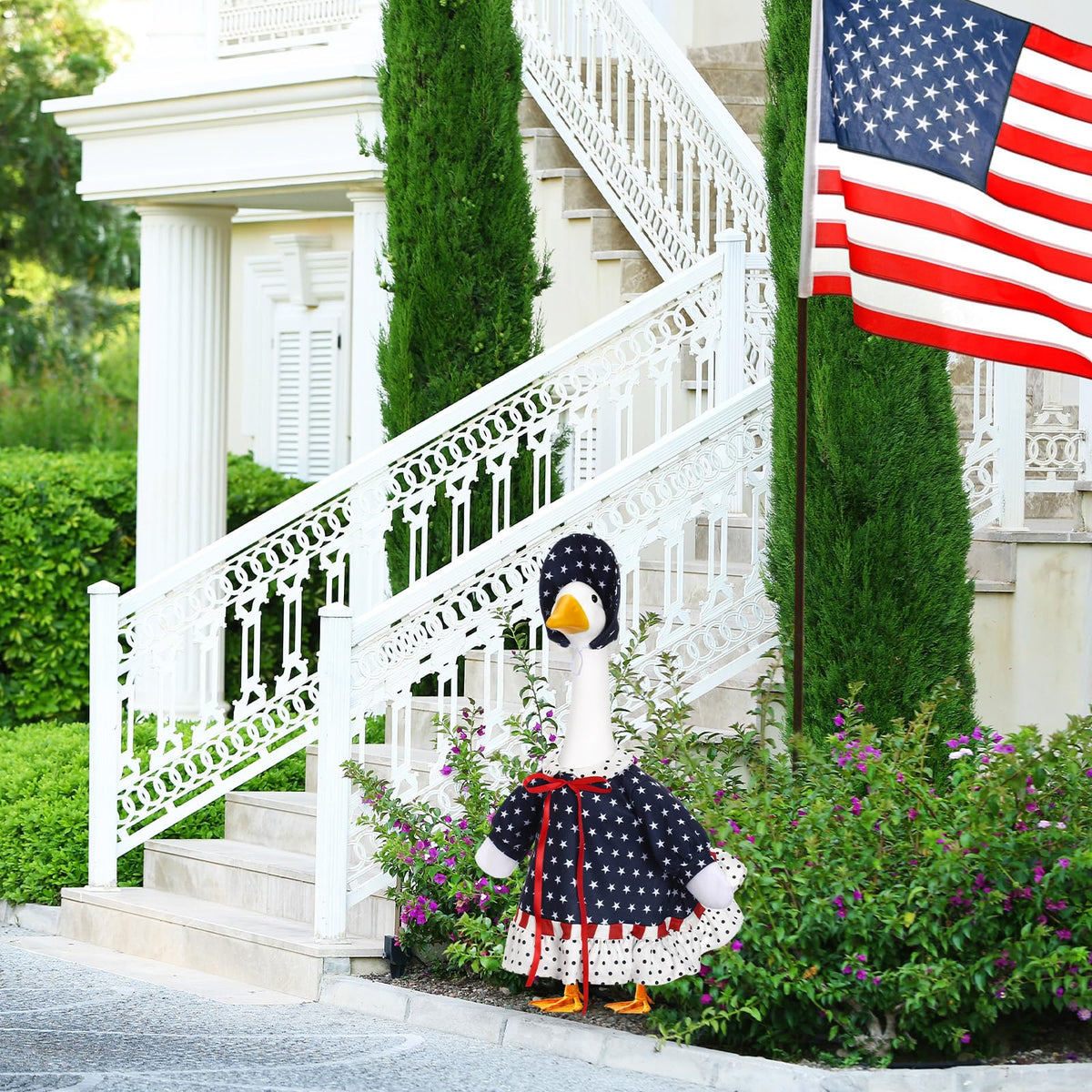 Yeyeplum goose decor enhances garden or porch party ambiance.