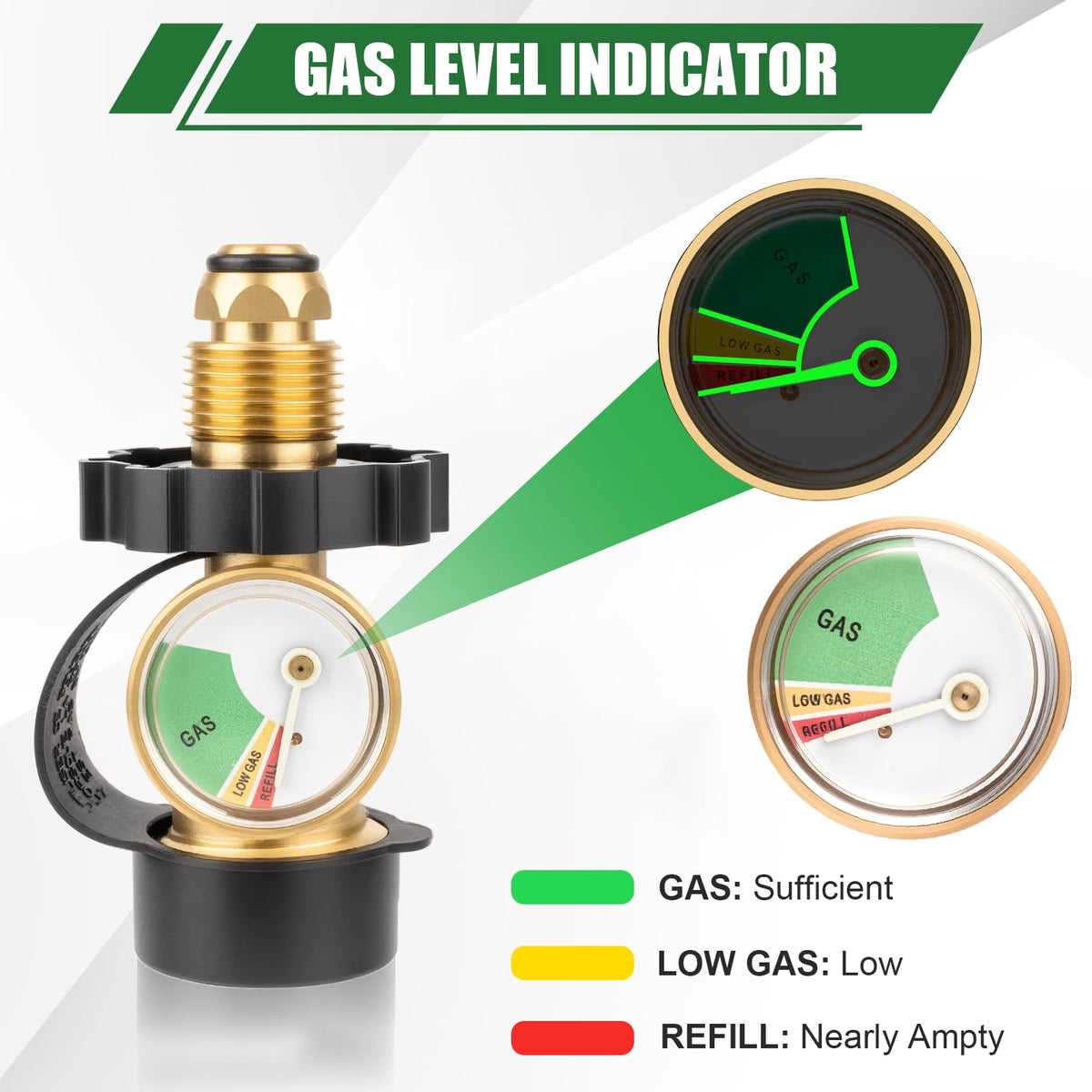 YEYETUO color-coded gauge helps gauge remaining propane at a glance.
