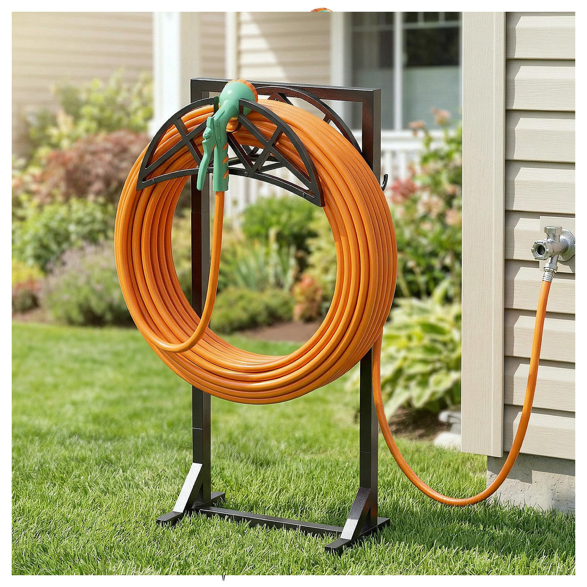 YFFSRJDJ garden hose holder with triangular base offers stable outdoor storage for long hoses.