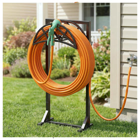 YFFSRJDJ garden hose holder with triangular base offers stable outdoor storage for long hoses.