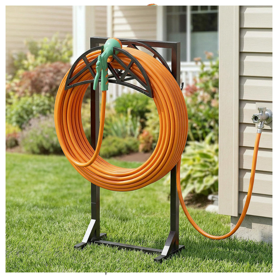 YFFSRJDJ garden hose holder with triangular base offers stable outdoor storage for long hoses.