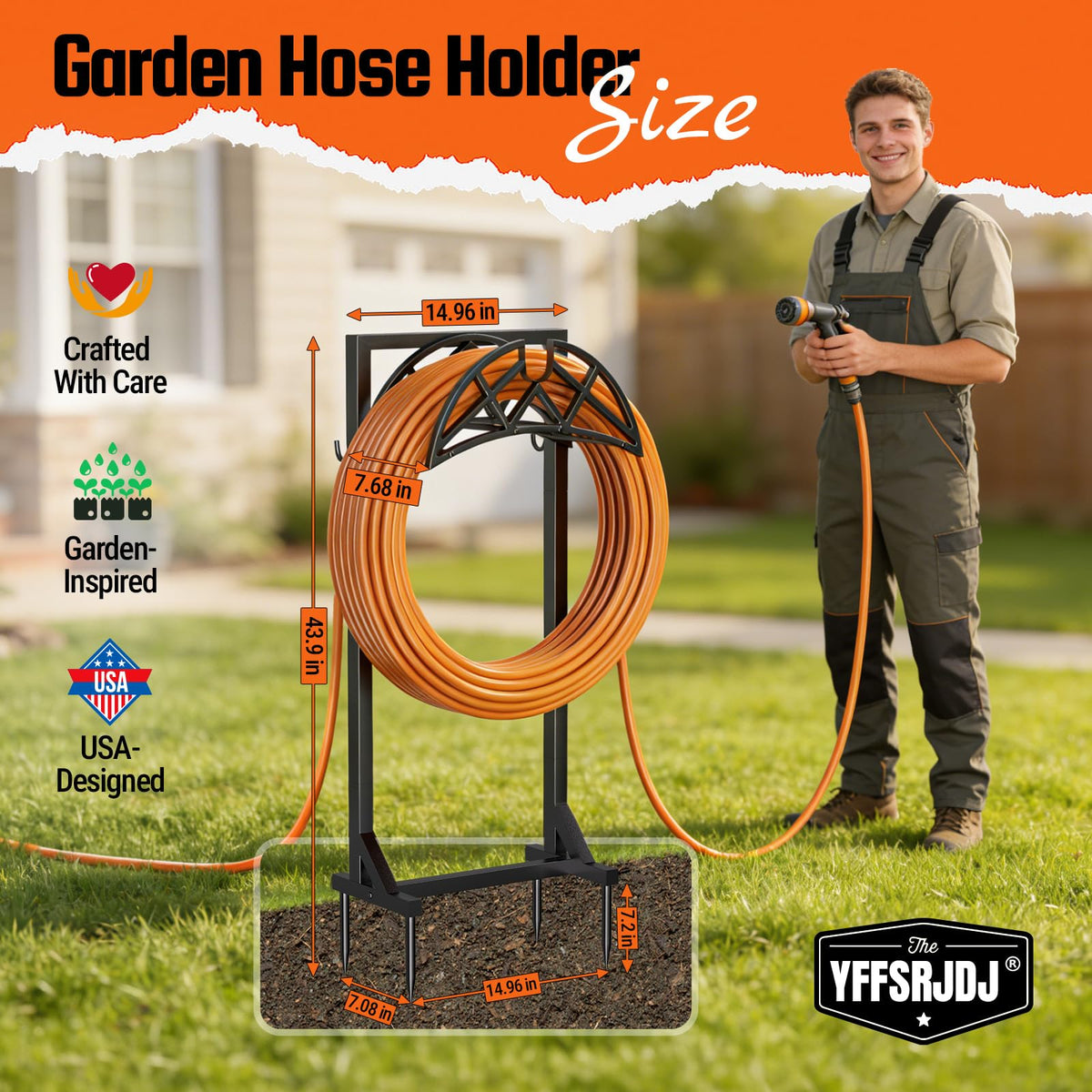 YFFSRJDJ 150 ft capacity keeps a long hose neatly in place.