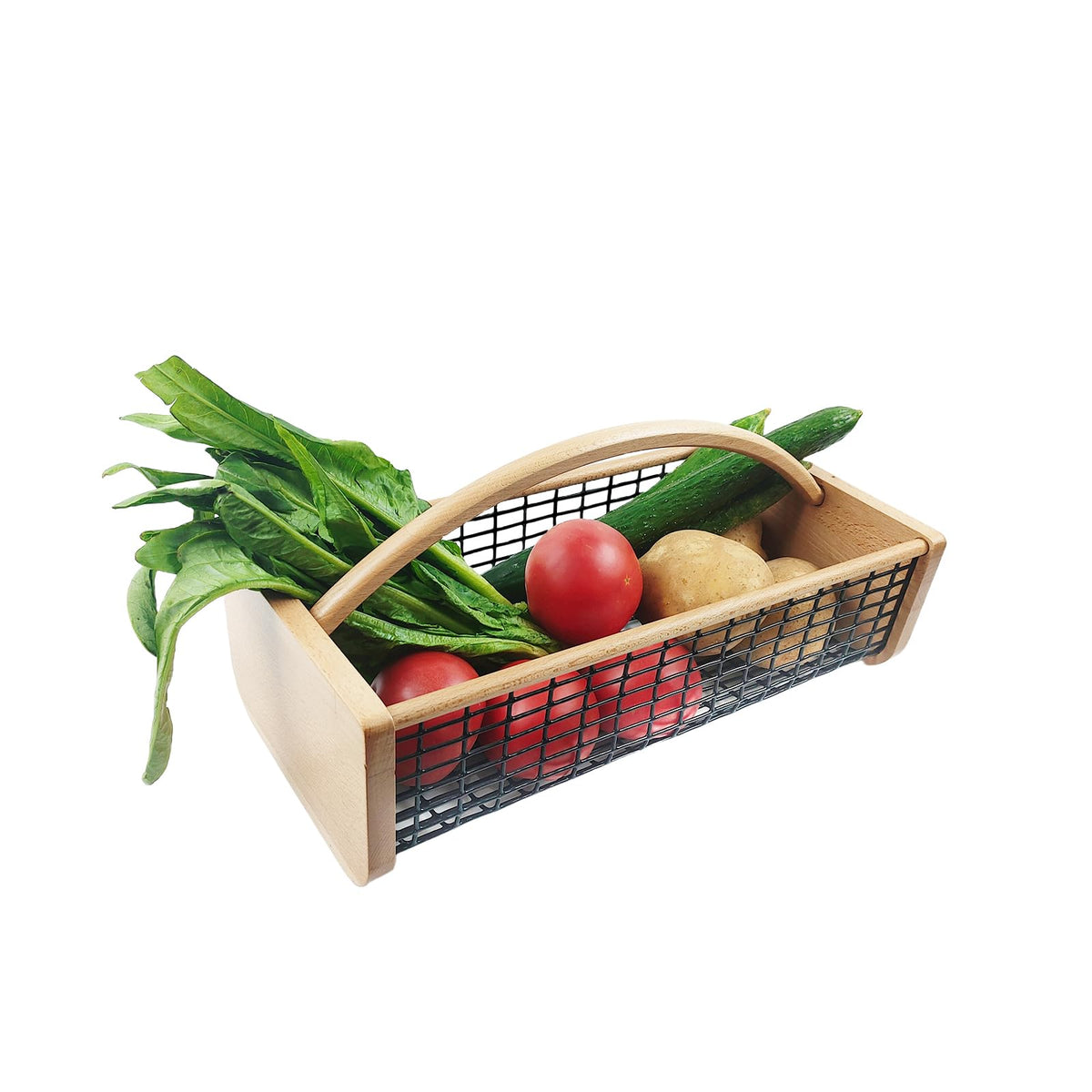YHAOZE garden hod harvest basket with wooden frame for garden-to-kitchen use.