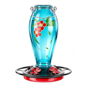 YHCHHZUI 24oz blue glass hummingbird feeder with floral decals attracts garden visitors