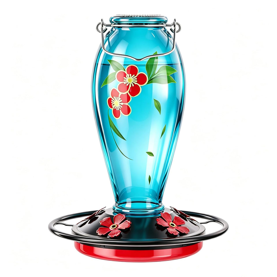 YHCHHZUI 24oz blue glass hummingbird feeder with floral decals attracts garden visitors