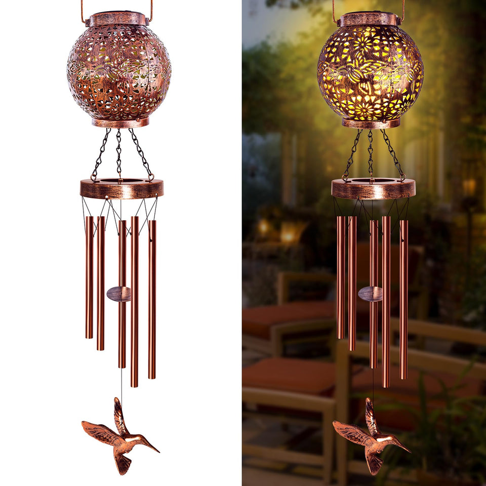 YHmall hummingbird solar lantern wind chime in garden, ready for daytime charging