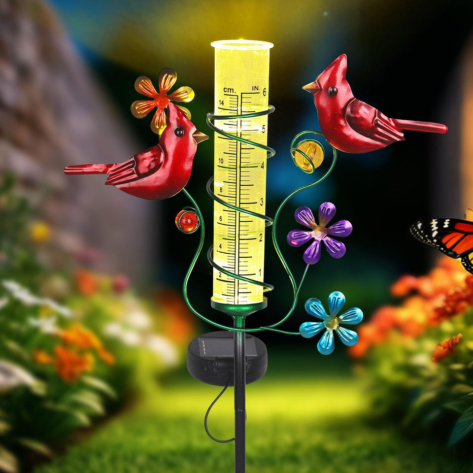 YHSOLAR rain gauge with cardinal garden ornament decorates the yard