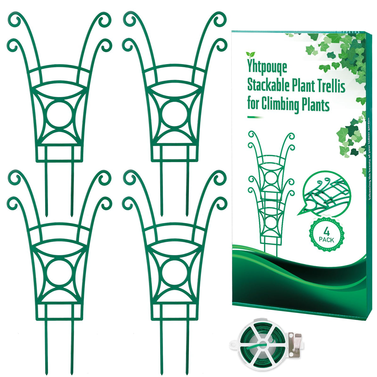 Yhtpouqe 4-pack stackable trellises ready for climbing plants, enabling vertical growth.